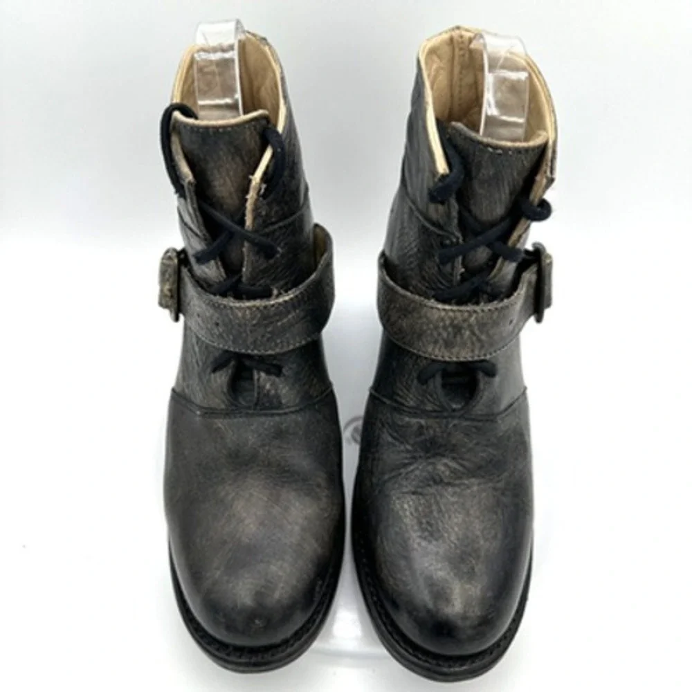 BED STU Rustic Wedge Ankle Boots Womens 6.5 Teak Two Tone Leather Buckle Western